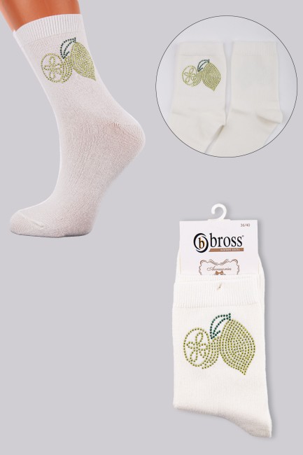 Bross - Bross Kadın Taş Baskı Limon Tekli Soket Çorap
