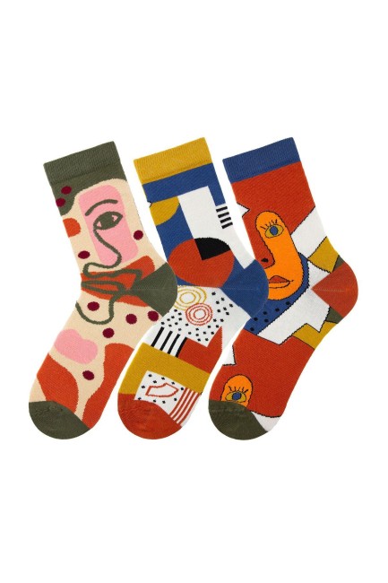 Bross Kadın Yüz Desenli Renkli 3lü Soket Çorap - Thumbnail