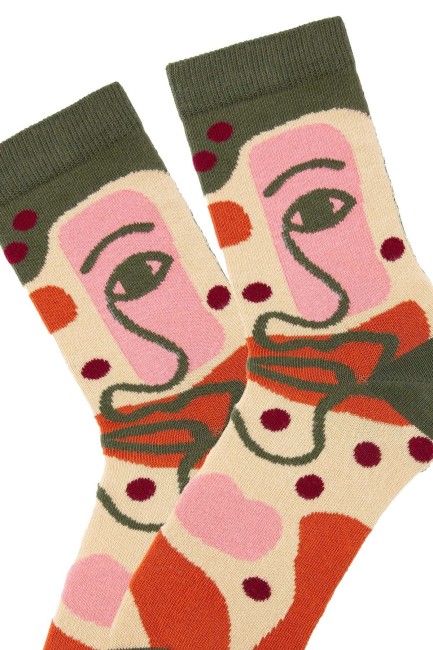 Bross Kadın Yüz Desenli Renkli 3lü Soket Çorap - Thumbnail