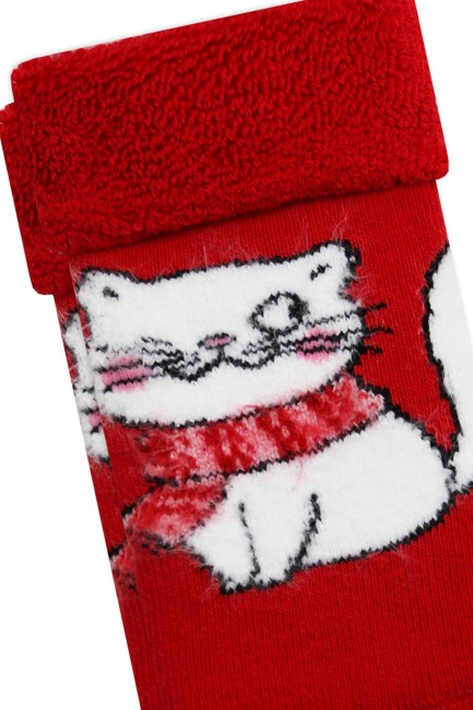 Bross Kedi Desenli Baskılı Havlu Bebek Çorap - Thumbnail