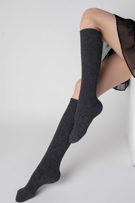 Bross Kendinden Desenli Yün Kadın Dizaltı Çorap - Thumbnail