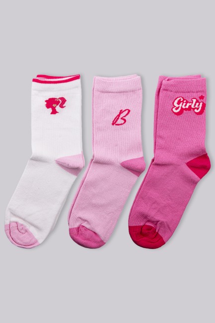 Bross Kız Çocuk Pembe Desenli 3lü Soket Çorap - Thumbnail