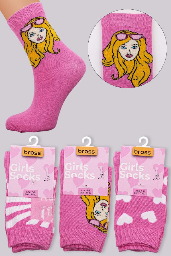 Bross Kız Çocuk Pembe Kalpli 3lü Soket Çorap