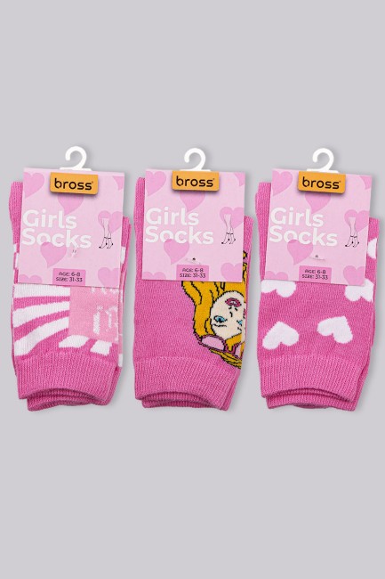 Bross Kız Çocuk Pembe Kalpli 3lü Soket Çorap - Thumbnail