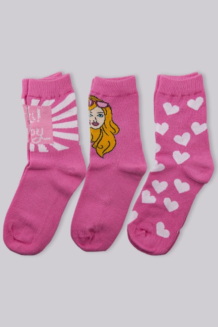 Bross Kız Çocuk Pembe Kalpli 3lü Soket Çorap - Thumbnail