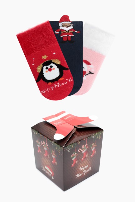 Bross - Bross Kutulu 3'lü Noel Desenli Kaydırmaz Havlu Bebek Çorabı