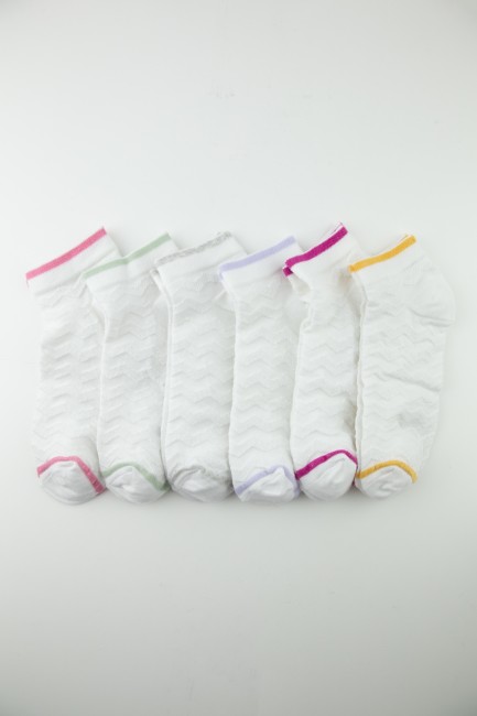 BROSS - Bross Renkli Lastikli Beyaz 6lı Patik Çorap
