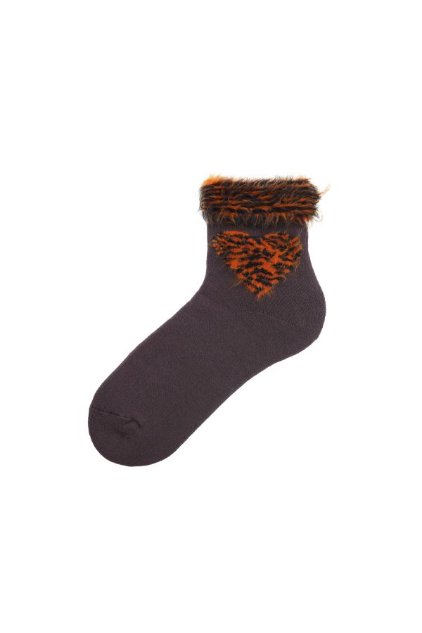 Bross Saçaklı Leopar Kalp Desenli Havlu Çorap