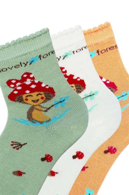 Bross Şapkalı Mantar Desenli Kız Çocuk Soket Çorap - Thumbnail
