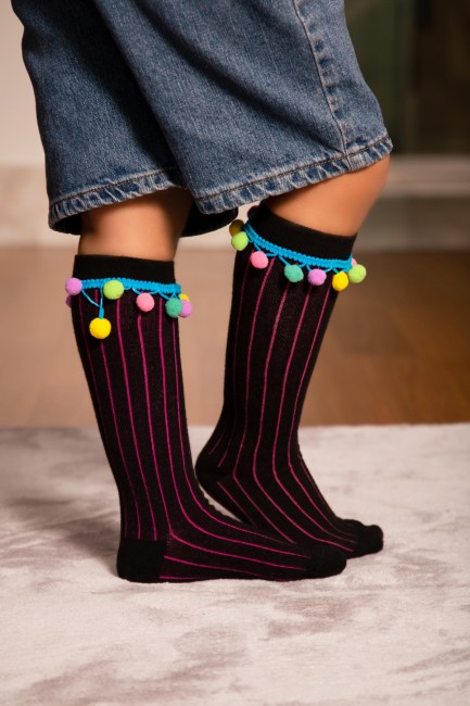 Bross - Bross Colored Pompom Accessory Striped Knee-High Kids' Socks
