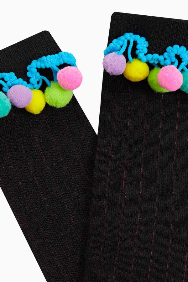 Bross Colored Pompom Accessory Striped Knee-High Kids' Socks