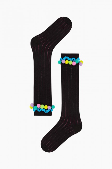 Bross Colored Pompom Accessory Striped Knee-High Kids' Socks - Thumbnail