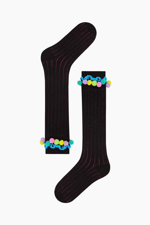 Bross Colored Pompom Accessory Striped Knee-High Kids' Socks
