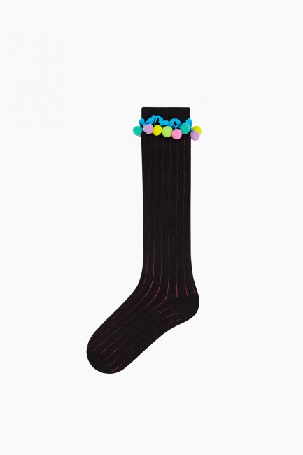 Bross Colored Pompom Accessory Striped Knee-High Kids' Socks - Thumbnail