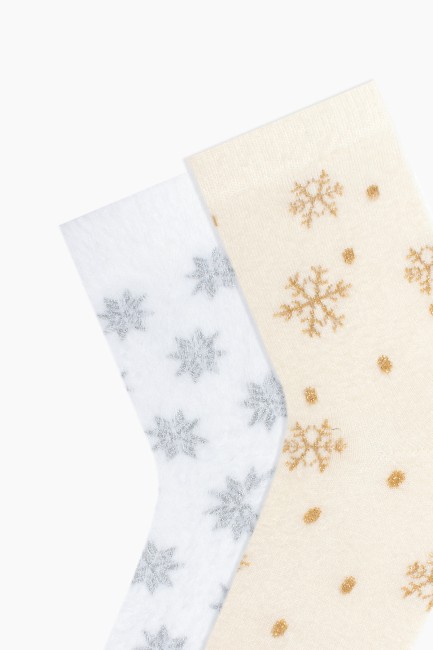 Bross 2-Pack Snowflake Patterned Feathery Women's Socks - Thumbnail