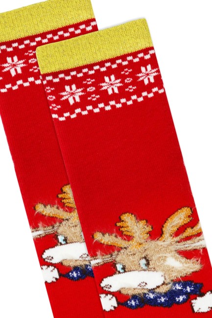 Bross 3-Pack Glittery Deer Patterned Anti-Slip Terry Kids' Socks - Thumbnail