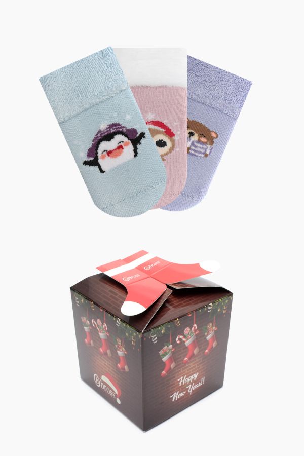 Bross Boxed 3-Pack Winter Themed Anti-Slip Baby Terry Socks