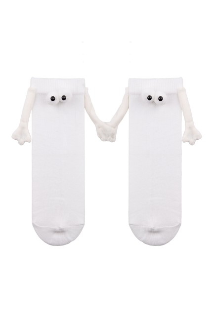 Mıknatıslı Elele Tutuşan 1 Çift Beyaz Çocuk Çorap - Thumbnail