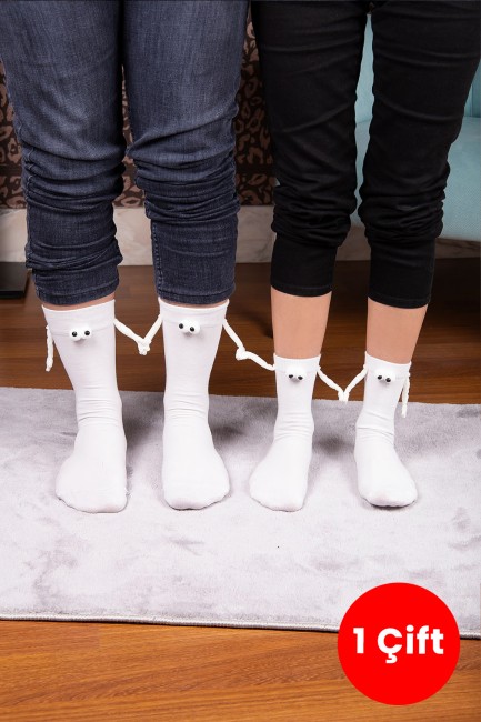 Bross - Mıknatıslı Elele Tutuşan 1 Çift Beyaz Çorap
