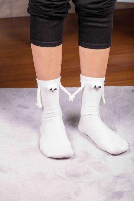 Mıknatıslı Elele Tutuşan 1 Çift Beyaz Çorap - Thumbnail
