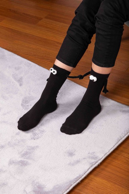 Mıknatıslı Elele Tutuşan 1 Çift Siyah Çorap - Thumbnail