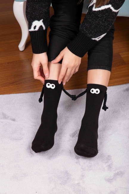Mıknatıslı Elele Tutuşan 1 Çift Siyah Çorap - Thumbnail