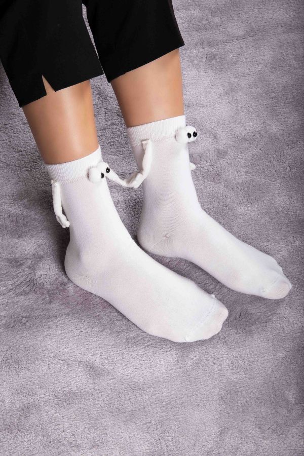 Mıknatıslı Elele Tutuşan 2 Çift Beyaz Beyaz Çorap