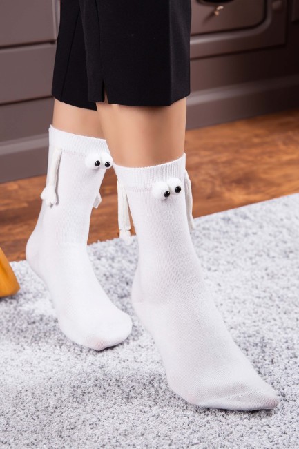 Mıknatıslı Elele Tutuşan 2 Çift Beyaz Beyaz Çorap - Thumbnail