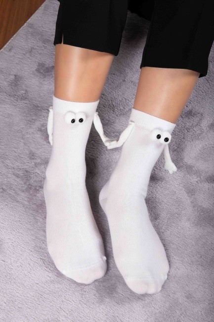 Mıknatıslı Elele Tutuşan 2 Çift Beyaz Beyaz Çorap - Thumbnail