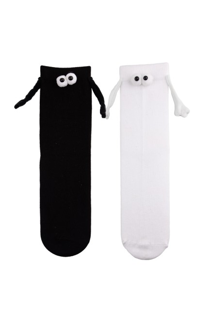 Mıknatıslı Elele Tutuşan 2 Çift Siyah Beyaz Çorap - Thumbnail