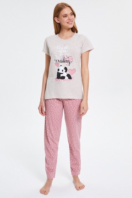 Bross - Spotted Panda Patterned Short Sleeve Women's Pajamas Set
