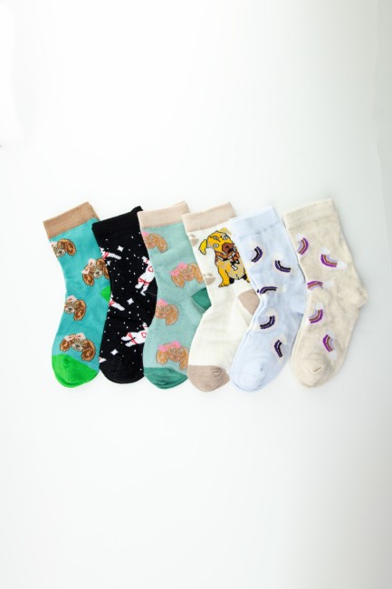 BROSS - Tülip Çocuk Pamuklu 6lı Karışık Desen Soket Çorap