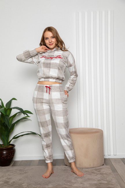 Bross - Uzun Kollu Kare Desenli Kapşonlu Kadın Pijama Takımı